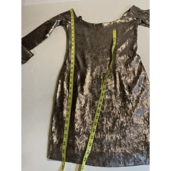 Express Dress Women Size Small Petite Pewter Bronze Sequins Mini Long Sleeve - Picture 10 of 11